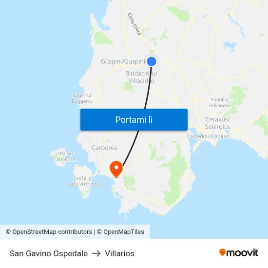 San Gavino Ospedale to Villarios map