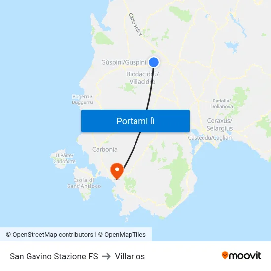 San Gavino Stazione FS to Villarios map