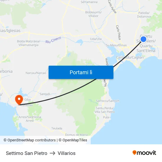 Settimo San Pietro to Villarios map