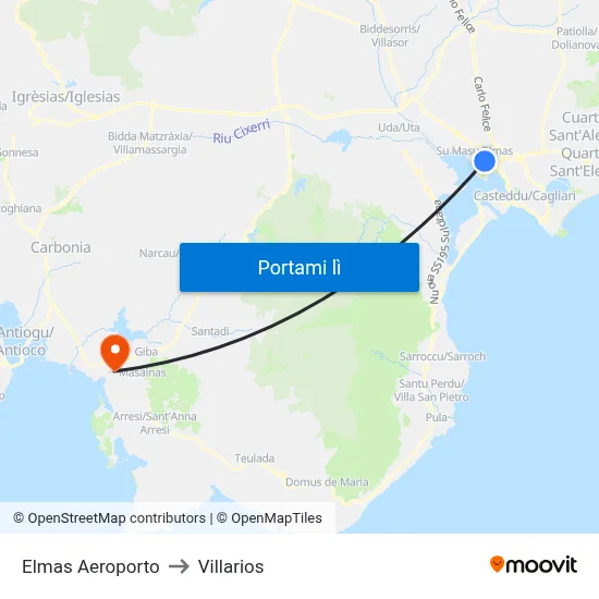 Elmas Aeroporto to Villarios map
