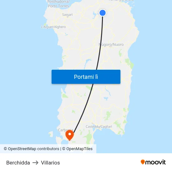 Berchidda to Villarios map