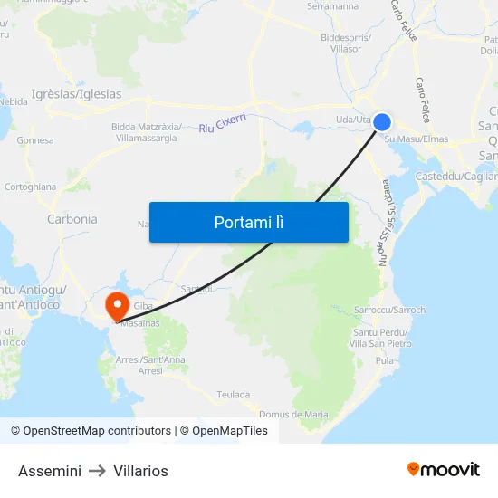 Assemini to Villarios map