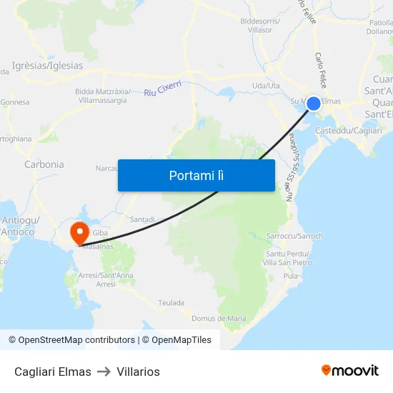 Cagliari Elmas to Villarios map