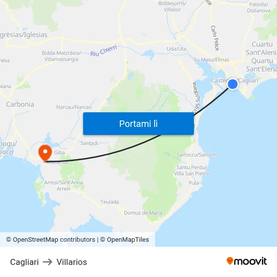 Cagliari to Villarios map