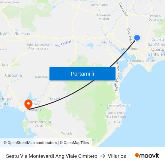 Sestu Via Monteverdi Ang.Viale Cimitero to Villarios map