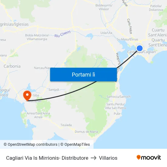Cagliari Via Is Mirrionis- Distributore to Villarios map