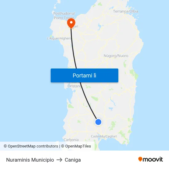 Nuraminis Municipio to Caniga map