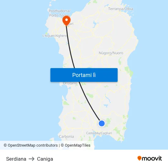 Serdiana to Caniga map