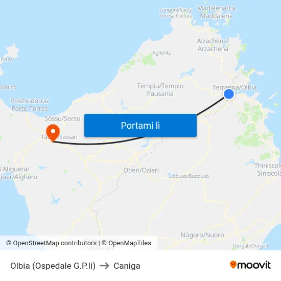 Olbia (Ospedale G.P.Ii) to Caniga map