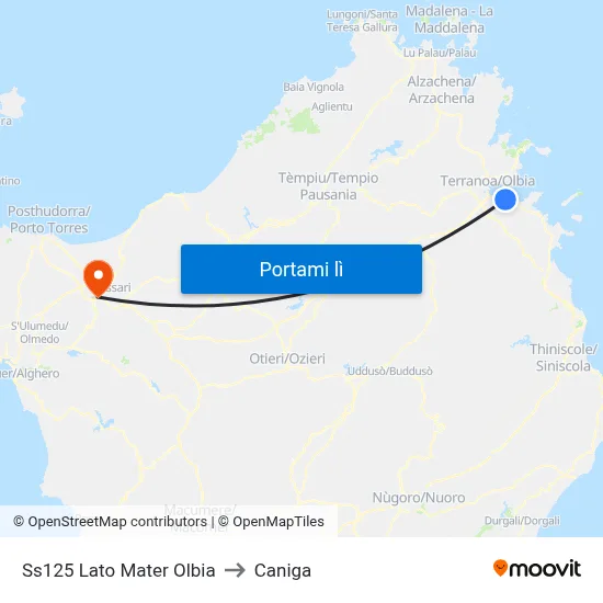 Ss125 Lato Mater Olbia to Caniga map