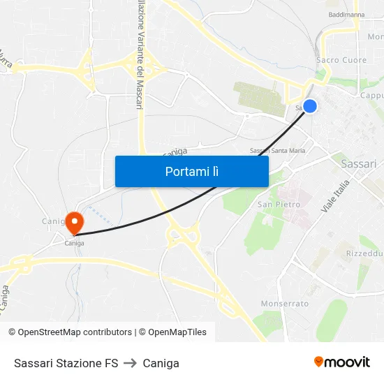 Sassari Stazione FS to Caniga map