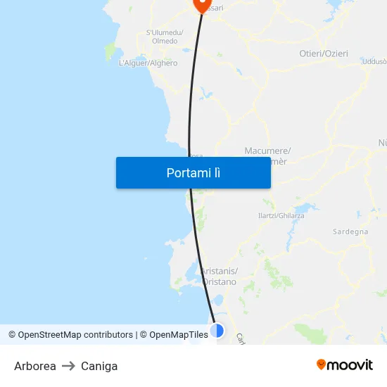 Arborea to Caniga map