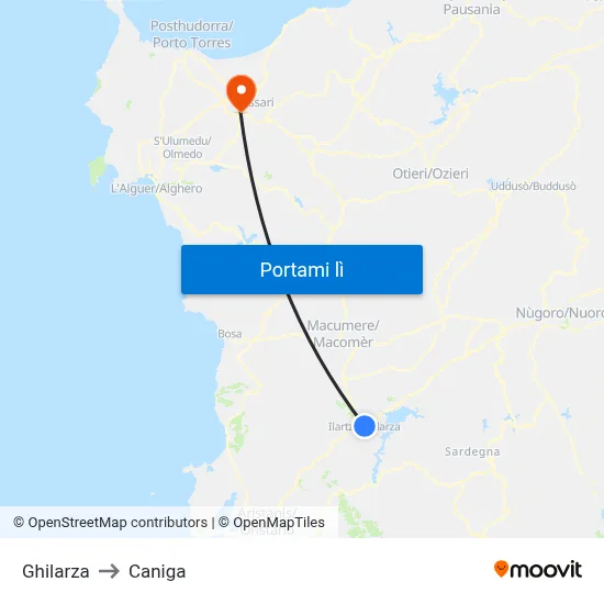 Ghilarza to Caniga map