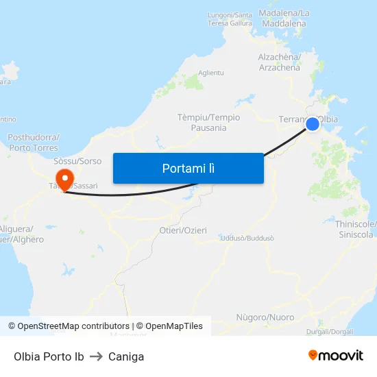Olbia Porto Ib to Caniga map