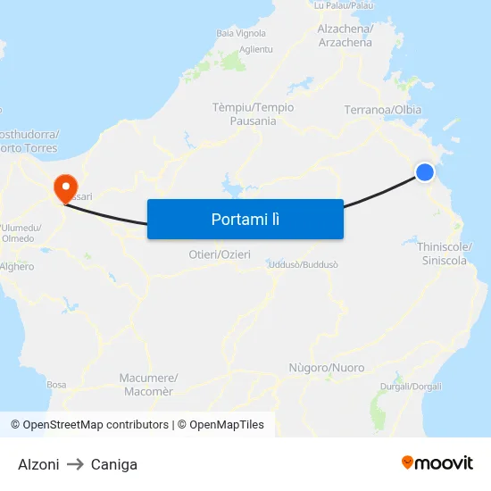Alzoni to Caniga map