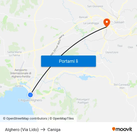 Alghero (Via Lido) to Caniga map