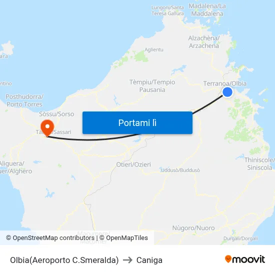Olbia(Aeroporto C.Smeralda) to Caniga map