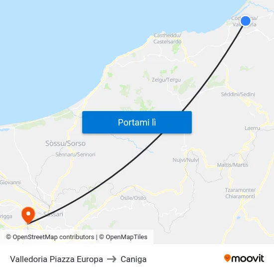 Valledoria Piazza Europa to Caniga map