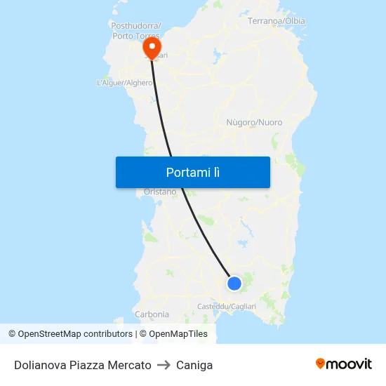 Dolianova Piazza Mercato to Caniga map
