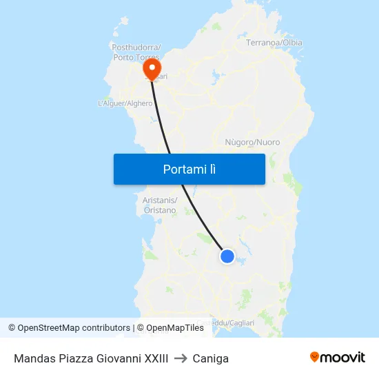 Mandas Piazza Giovanni XXIII to Caniga map