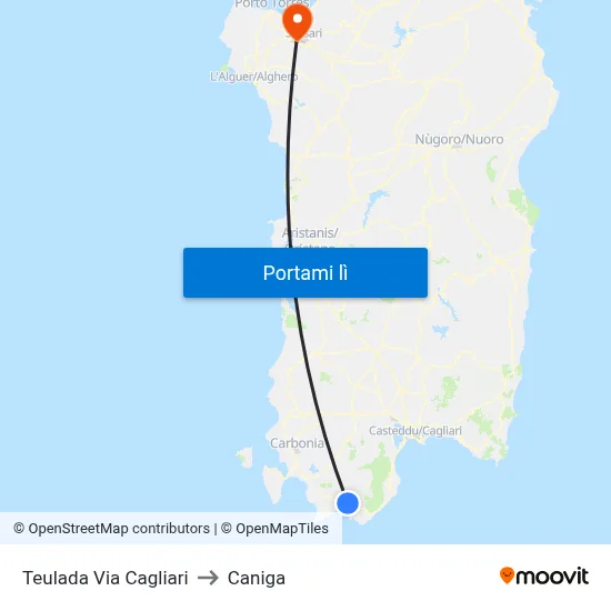 Teulada Via Cagliari to Caniga map