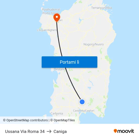 Ussana Via Roma 34 to Caniga map