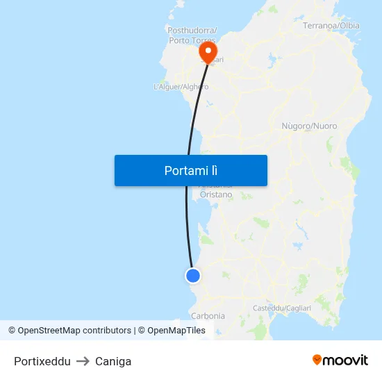 Portixeddu to Caniga map