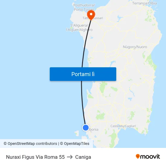 Nuraxi Figus Via Roma 55 to Caniga map