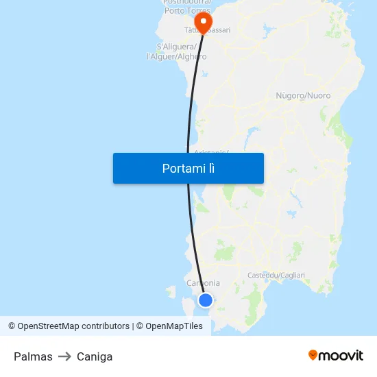 Palmas to Caniga map