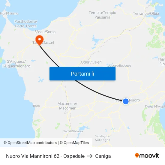 Nuoro Via Mannironi-Fronte Ospedale to Caniga map