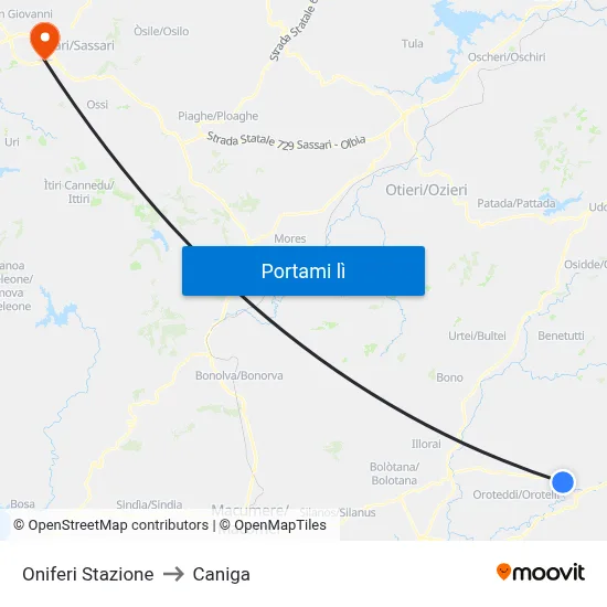 Oniferi Stazione to Caniga map