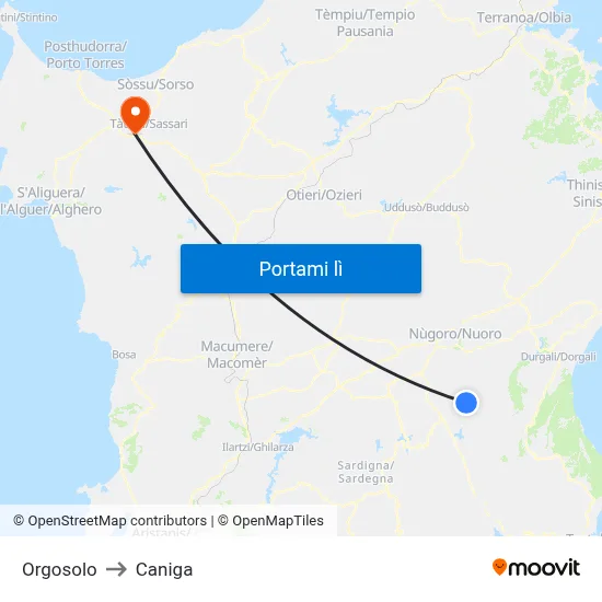 Orgosolo to Caniga map