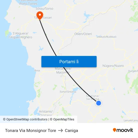Tonara Via Monsignor Tore to Caniga map