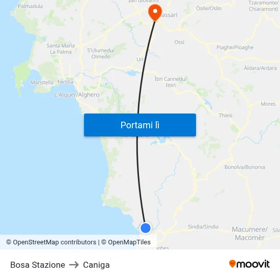 Bosa Stazione to Caniga map