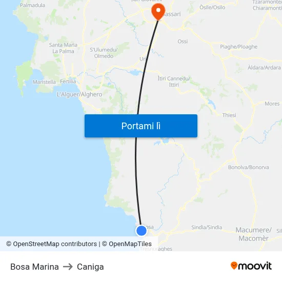 Bosa Marina to Caniga map