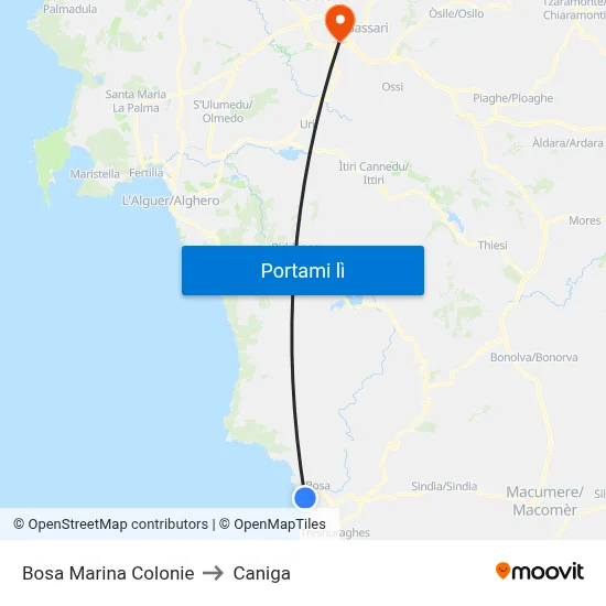 Bosa Marina Colonie to Caniga map