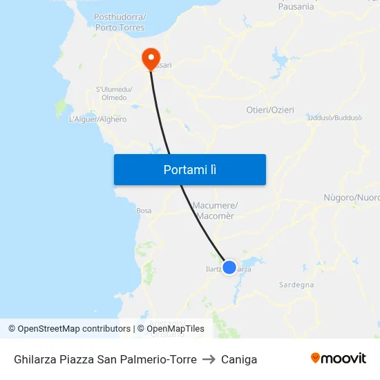 Ghilarza Piazza San Palmerio-Torre to Caniga map