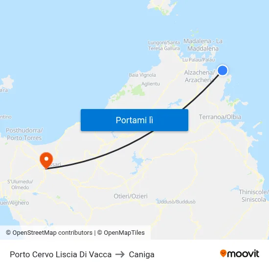 Porto Cervo Liscia Di Vacca to Caniga map