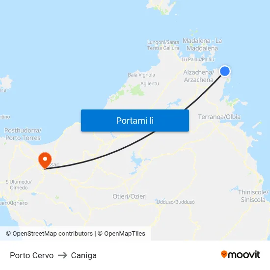 Porto Cervo to Caniga map
