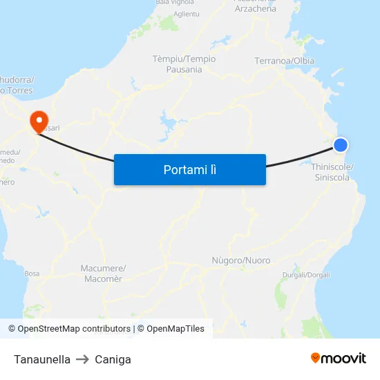 Tanaunella to Caniga map