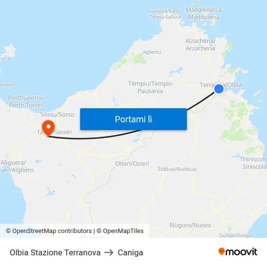 Olbia Stazione Terranova to Caniga map
