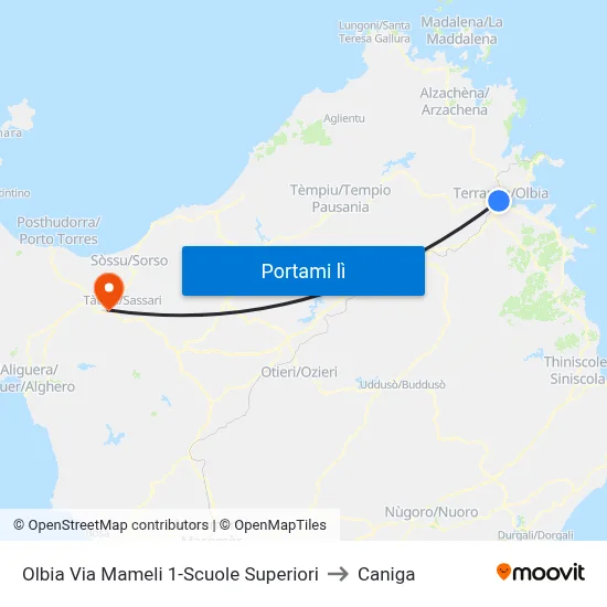 Olbia Via Mameli 1-Scuole Superiori to Caniga map