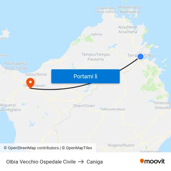 Olbia Vecchio Ospedale Civile to Caniga map