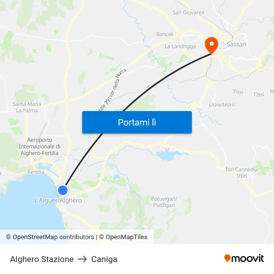 Alghero Stazione to Caniga map