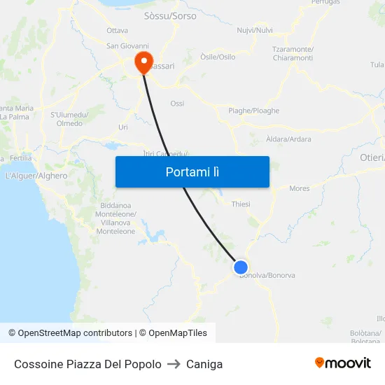 Cossoine Piazza Del Popolo to Caniga map