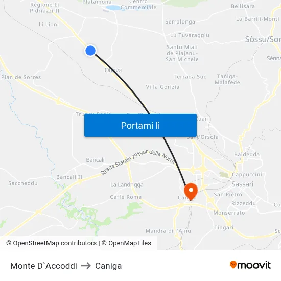 Monte D`Accoddi to Caniga map