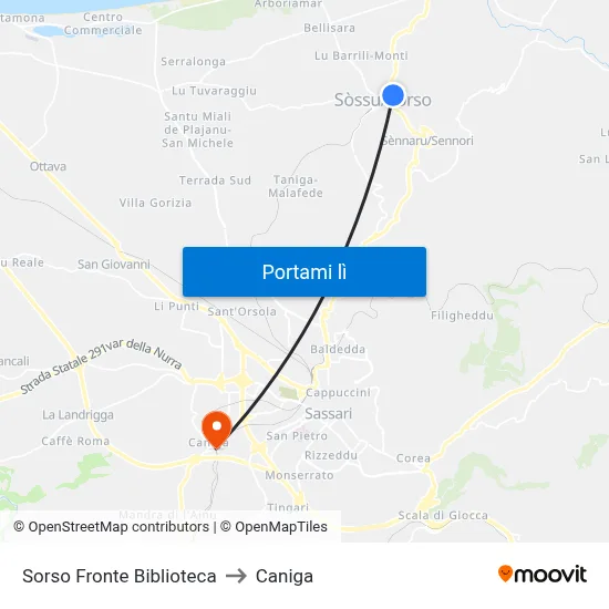 Sorso Fronte Biblioteca to Caniga map