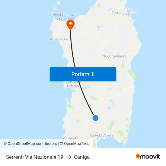 Serrenti Via Nazionale 19 to Caniga map