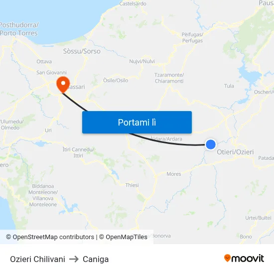 Ozieri Chilivani to Caniga map