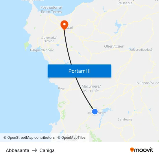 Abbasanta to Caniga map
